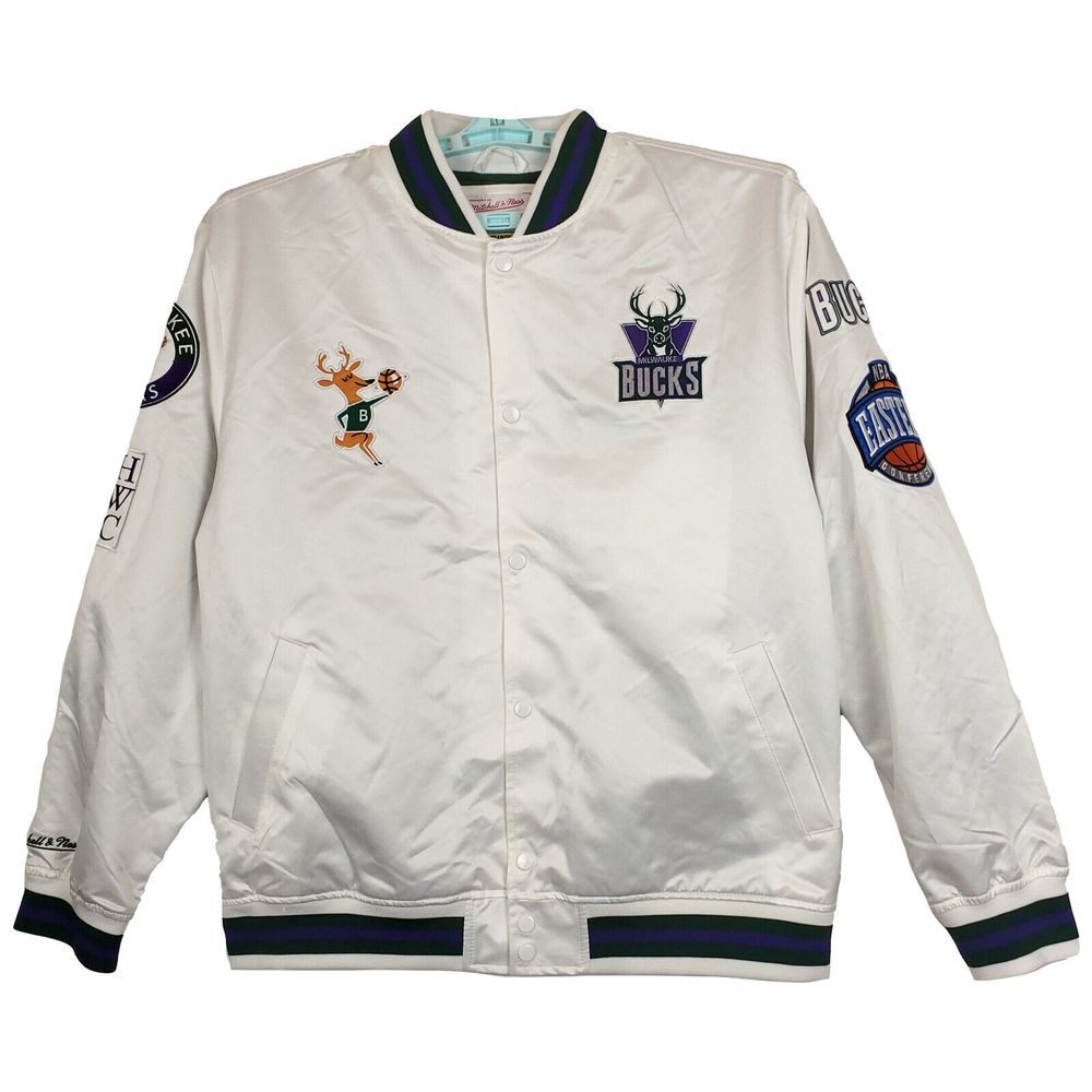 Milwaukee Bucks Mitchell & Ness NBA XL XLarge Satin Varsity Jacket White New
